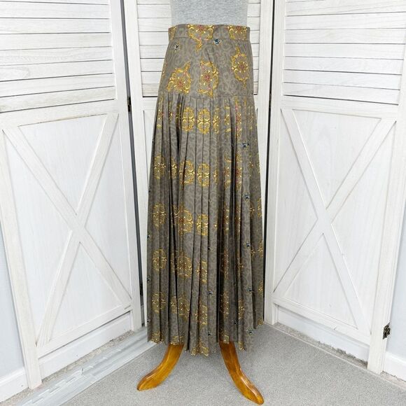 Calliope Vintage Jewel Damask Print Pleated Maxi Skirt Taupe 10 - Picture 3 of 13
